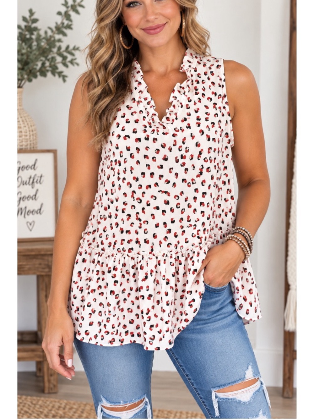 Perfectly Priscilla White & Red Leopard Print Ruffle Blouse, size Medium
